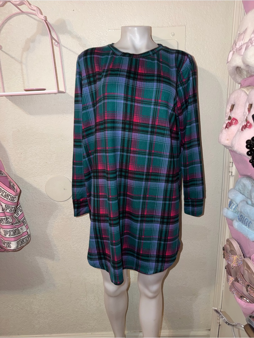 Honeydew Intimates Teal & Pink Plaid Long Sleeve Chemise